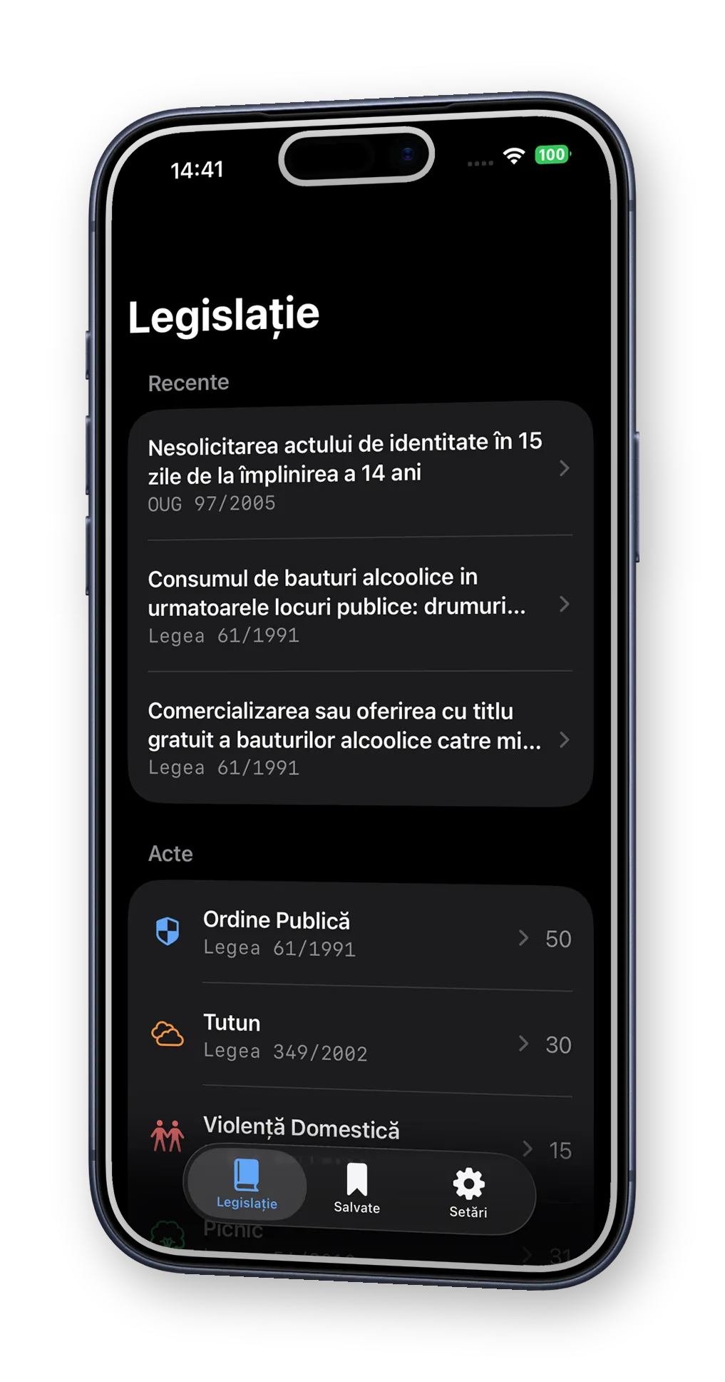 Ecranul principal al aplicației eLex: articolele citite recent și lista actelor normative, fiecare cu numărul de articole.